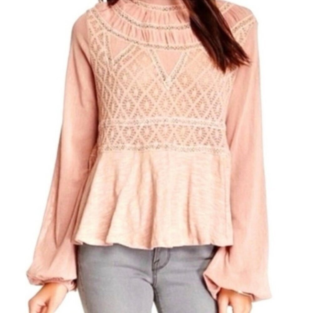 Free People Floral Lace High Neck Peplum Blouse Pink Mauve XS EUC Boho Chic